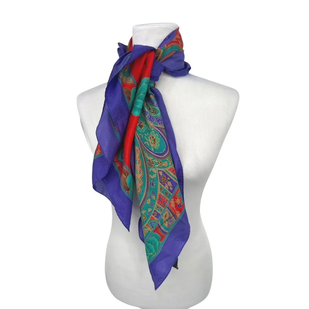 Vintage 80s 90s Womens Scarf Korea Red Purple Floral Paisley Silky Satin Jewel